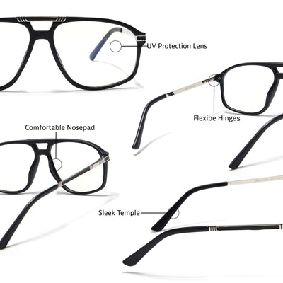 EyeJack Titex Matt Black & Silver Aviator Eyeglasses for Men & Women (18906CL292-C1)